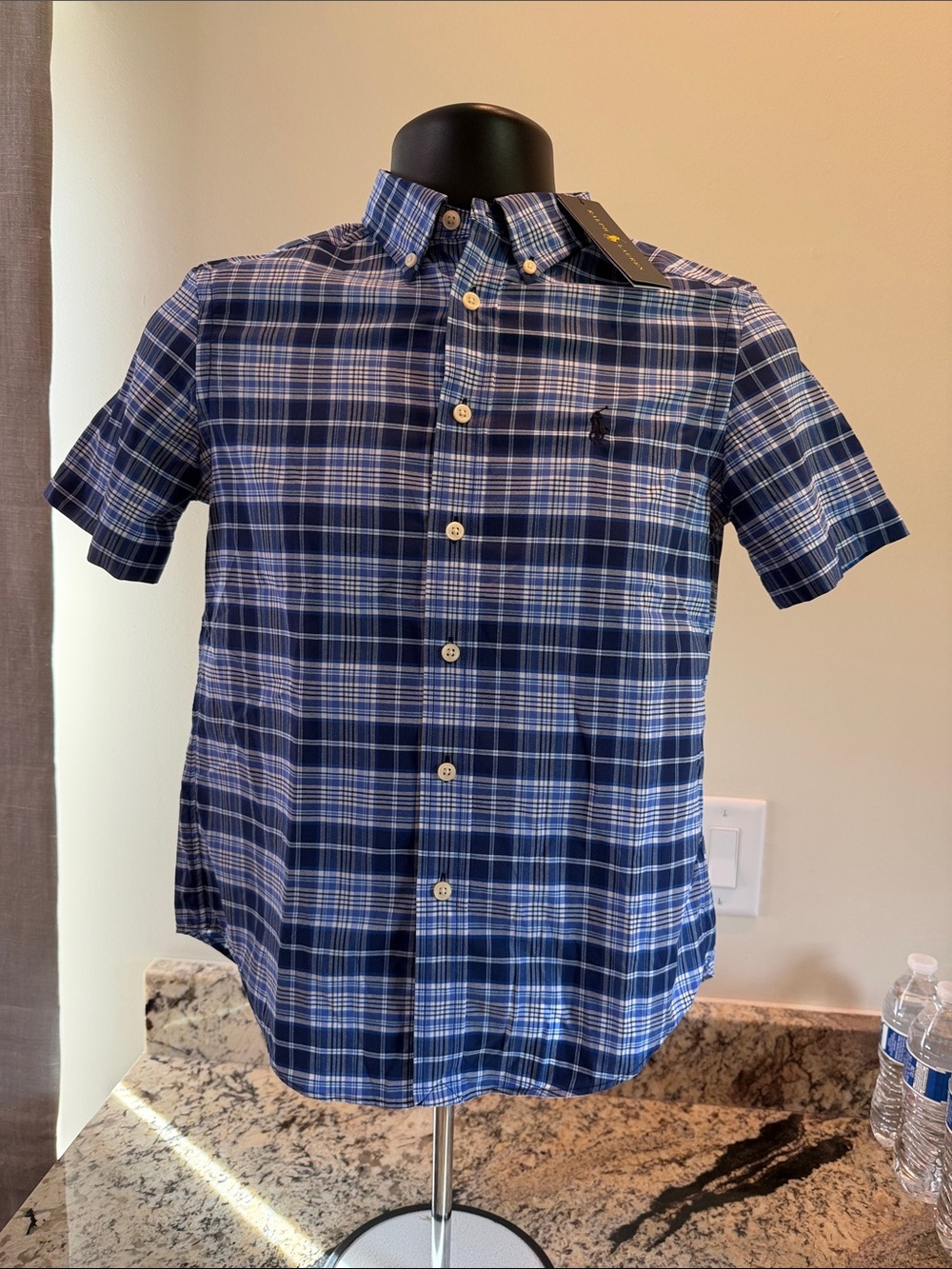 Polo by Ralph Lauren Blue and White Plaid Short-Sleeve Button-Down Shirt